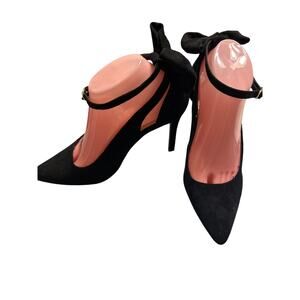 EUC ZBY Black Velvety 4" High Heel Shoes Stilettos Ankle Buckle Back Bow Size 8